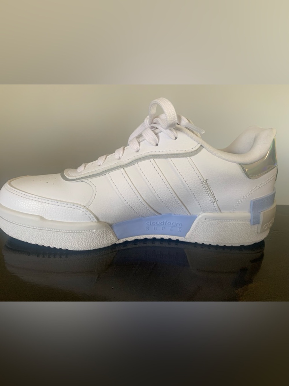 adidas Women's Postmove SE White Sneakers with blue and Iridescent Heel Accents - Picture 13 of 14